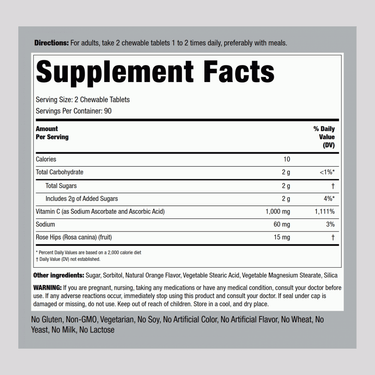 Supplement Facts for Chewable Vitamin C 1000 mg, Natural Orange flavor, 180 Tablets.