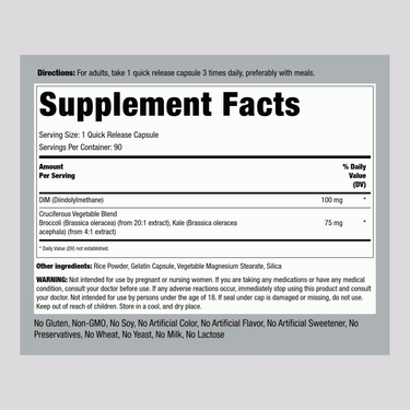 Supplement Facts panel displaying details for DIM 100 mg Complex Capsules, 90 count. Includes ingredients and nutritional information.