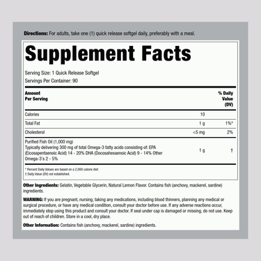 Omega-3 Fish Oil Regular Strength (Lemon), 1000 mg, 90 Quick Release Softgels