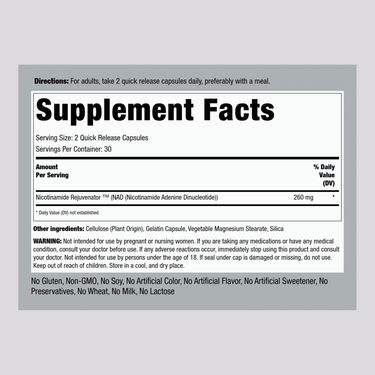Supplement Facts panel detailing NAD 260mg per serving in a bottle of 60 capsules.