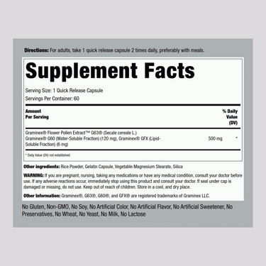 Ultra Graminex Flower Pollen Ext, 500 mg, 60 Quick Release Capsules