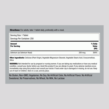 Label showing Supplement Facts panel for Selenium 200 mcg Tablets, 250 count.