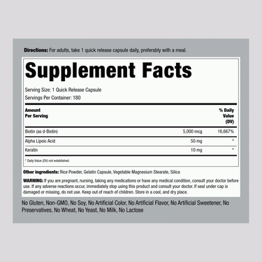 Supplement Facts panel for Biotin 5000 mcg and Keratin, 180 capsules.