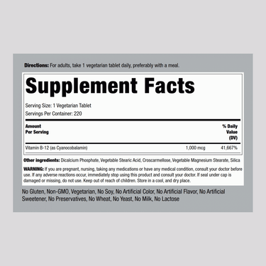 B-12, 1000 mcg, 220 Tablets