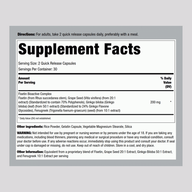 Supplement Facts for Fisetin 200 mg Complex, 60 Capsules, shown.