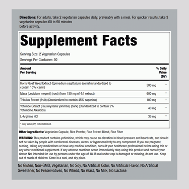 Showing the Supplement Facts panel for Horny Goat Weed 100 capsules.