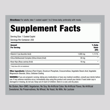 Vitamin C 1000 mg with Bioflavonoids & Rose Hips, 250 Coated Caplets