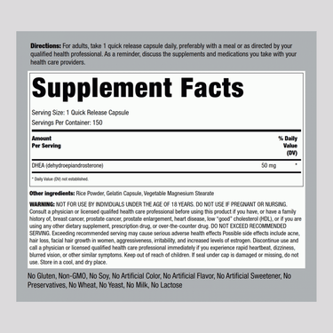 Image of the Supplement Facts panel for DHEA 50 mg, 150 Capsules, providing nutritional information and serving details.