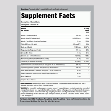 Image shows the Supplement Facts for a Diabetic Support Formula with 90 tablets.