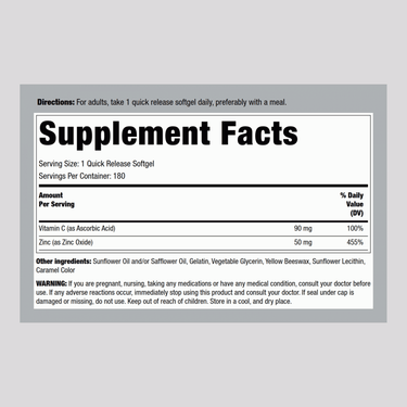 Image displaying the Supplement Facts panel for Vitamin C + Zinc, 180 Softgels.