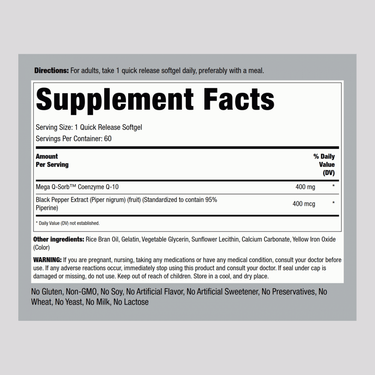 The Supplement Facts panel for CoQ10 400 mg Softgels, 60 count, displaying nutritional information and recommended usage.