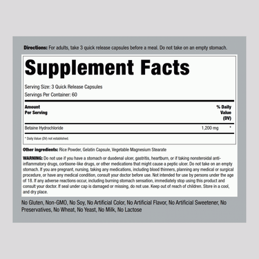 Betaine HCl, 1200 mg (per serving), 180 Quick Release Capsules