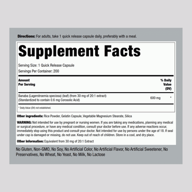 Supplement Facts for Banaba Extract with 2% Corosolic Acid, 600 mg, 200 count.