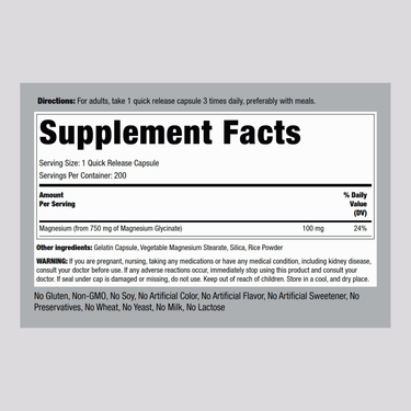 Supplement Facts label for Magnesium Glycinate 750 mg, 200 capsules.