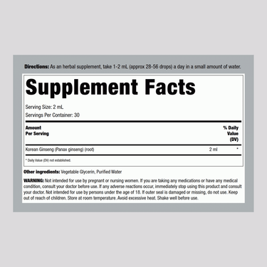 Korean Red Panax Ginseng Liquid Extract Alcohol Free, 2 fl oz (59 mL) Dropper Bottle