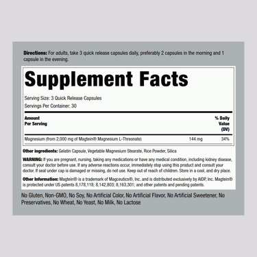 Magnesium L-Threonate Magtein, 90 Quick Release Capsules