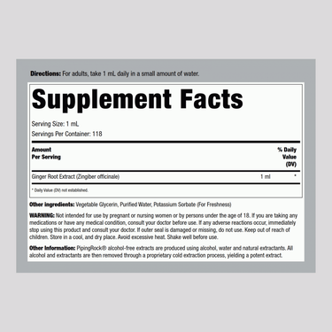 Supplement Facts panel for Ginger Root Liquid Extract AF, 4 fl oz (118 mL) bottle.