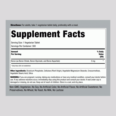 Supplement Facts panel for Triple Action Boron Complex with 3 mg per tablet, available in a bottle of 300 tablets.