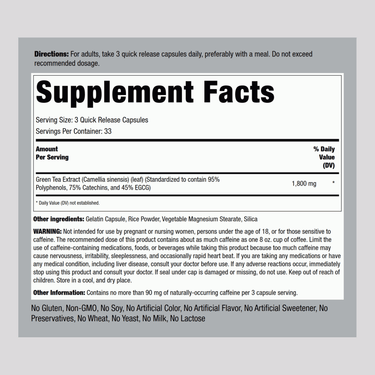 Image of the Supplement Facts panel for Green Tea 1800 mg Stand Capsules, 100 count.