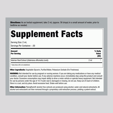Supplement Facts panel for Valerian Root Liquid Extract AF 4 fl oz (118mL).