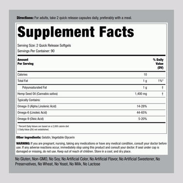 Hemp Seed Oil (Cold Pressed), 1400 mg (per serving), 180 Quick Release Softgels