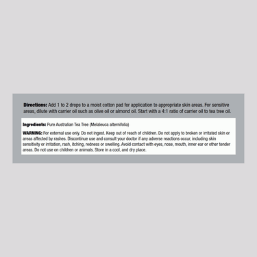 Supplement Facts for Tea Tree Oil Liquid 4 OZ bottle.