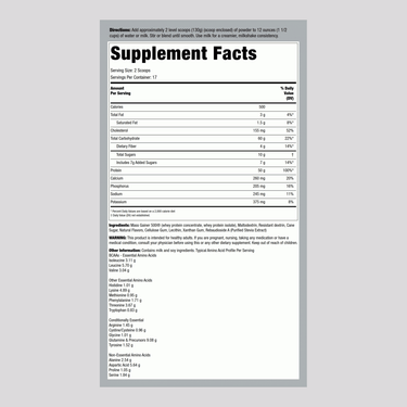 Supplement Facts panel for FL Gainer 500 Vanilla in a 5 lbs. container, detailing nutritional information and serving size.