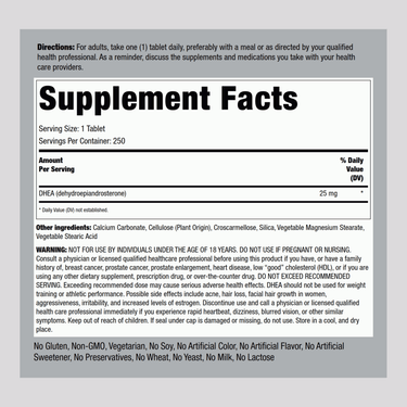 Supplement Facts for DHEA 25 mg, 250 tablets bottle.
