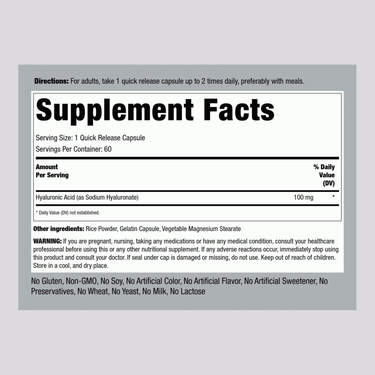 Supplement Facts panel showing Hyaluronic Acid 100 mg details.