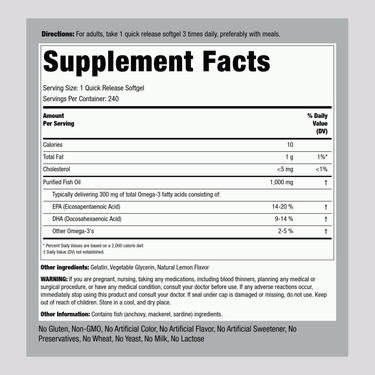 Omega-3 Fish Oil Lemon Flavor, 1000 mg, 240 Quick Release Softgels