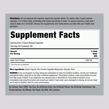 Mega Potency Apple Cider Vinegar, 1800 mg (per serving), 200 Quick Release Capsules