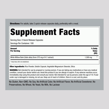 White Willow Bark, 1500 mg (per serving), 200 Quick Release Capsules