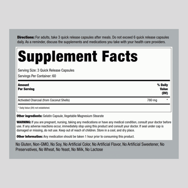Activated Coconut Charcoal, 780 mg (per serving), 180 Quick Release Capsules