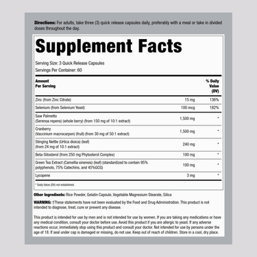 Supplement Facts panel for FL Prostafit 180 Capsules with details on ingredients and serving size.