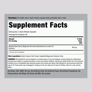 The Supplement Facts panel details Magnolia Bark capsules, 800 mg, in a bottle containing 120 capsules.
