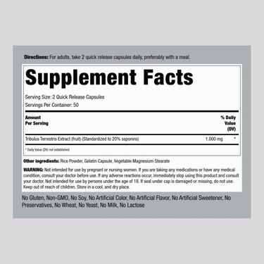Tribulus Mega, 1000 mg (per serving), 100 Quick Release Capsules