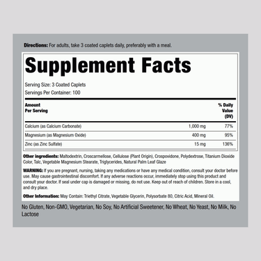 Calcium Magnesium Zinc (Cal 1000mg/Mag 400mg/Zn 15mg) (per serving), 300 Coated Caplets