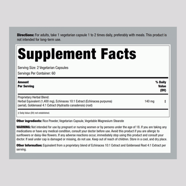 Supplement Facts panel showing information for Echinacea & Goldenseal 120 Capsules.