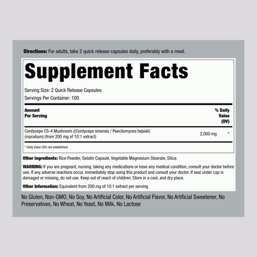 Image of Supplement Facts panel showing Cordyceps Sinensis 2000 mg, 200 Capsules.
