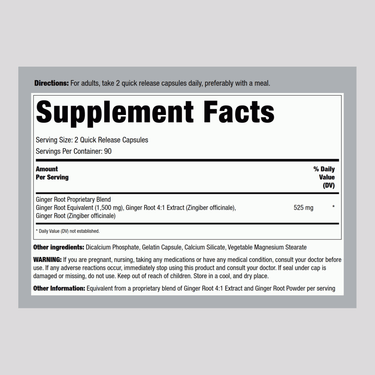 Supplement Facts panel showing Ginger Root 1500 mg per serving in a bottle of 180 capsules.