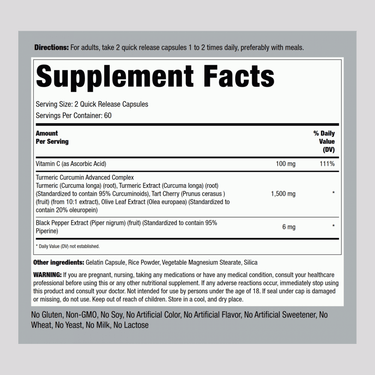This is the Supplement Facts panel for Turmeric Advanced Complex, which contains 120 capsules.