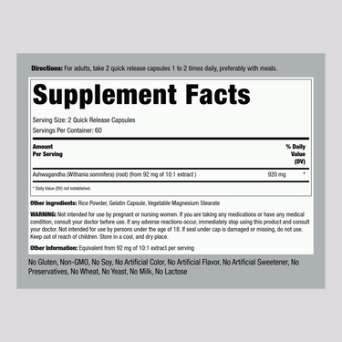 Supplement Facts panel shows details for Ashwagandha 920mg Capsules with 120 count.