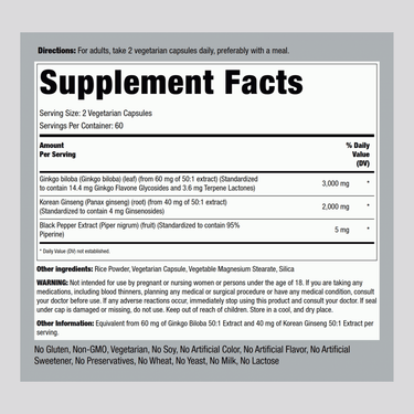 Panax Ginseng + Ginkgo, 5000 mg (per serving), 120 Vegetarian Capsules