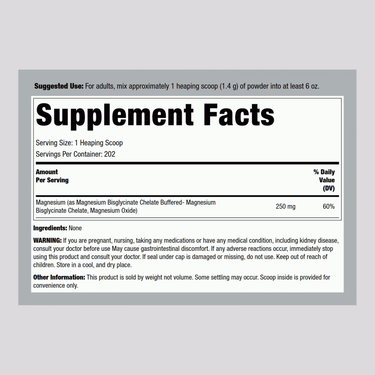 Magnesium Glycinate Powder, 250 mg (per serving), 10 oz (283 g) Bottle