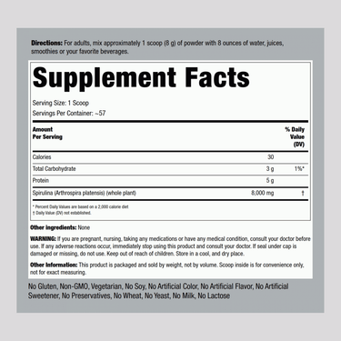 Spirulina Powder (Organic), 16 oz (454 g) Bottle