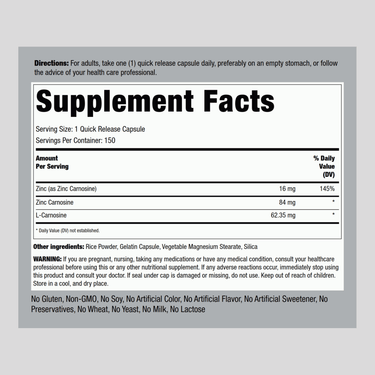 Zinc Carnosine, 84 mg, 150 Quick Release Capsules