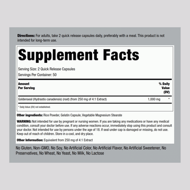 Supplement Facts panel displays Goldenseal Root 1000 mg per serving for a total of 100 capsules.