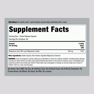 Magnesium Oxide, 500 mg, 90 Quick Release Capsules