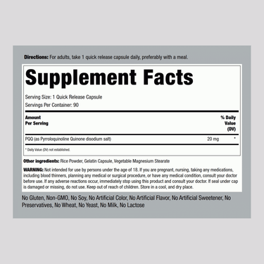 PQQ Pyrroloquinoline Quinone, 20 mg, 90 Quick Release Capsules