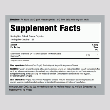 Image shows the Supplement Facts for Acidophilus 250 Million Capsules, detailing ingredients and nutritional information.
